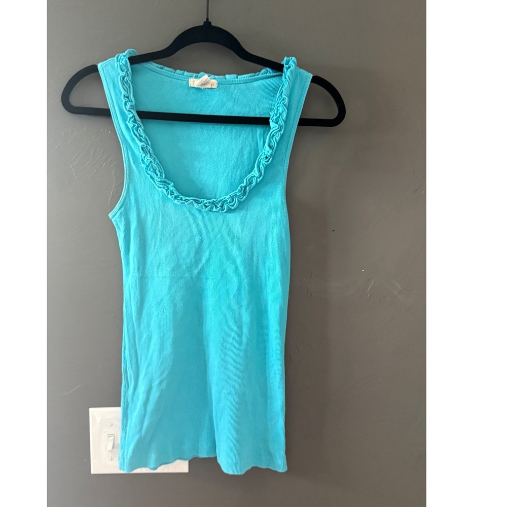 Love Rocks Vintage Y2k Turquoise Blue Ruffle Scoop Neck Ribbed Cotton Tank Top M